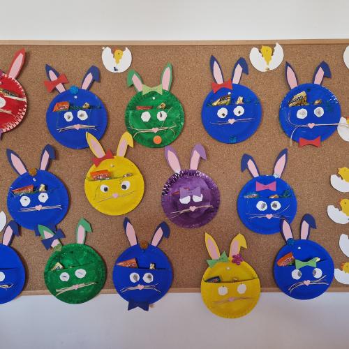 Die bunten Osterhasengesichter aus Papptellern gebastelt