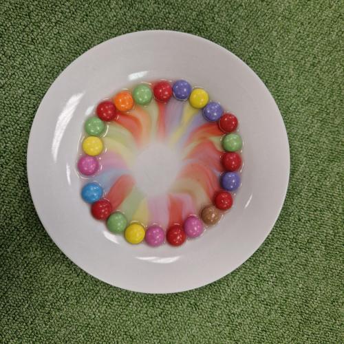 Smarties im Kreis am Teller aufgelegt. Durch die Zugabe von ein wenig Wasser verschwimmen die Farbe zur Mitte hin