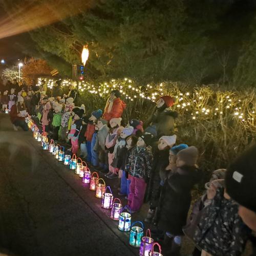 Die Kinder stehen aufgereiht vor der leuchtenden Hecke und die Laternen stehen vor ihnen am Boden