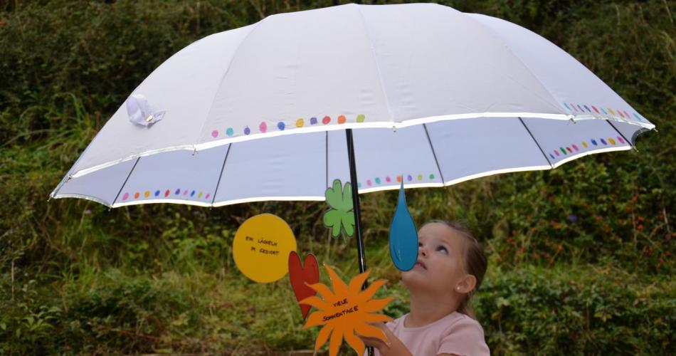 Ein Kind hält einen weißen Regenschirm, der mit Fingerabdrücken versehen ist. An ihm hängen die Symbole, Herz Sonne, Smiley, Vierklee und Regentropfen