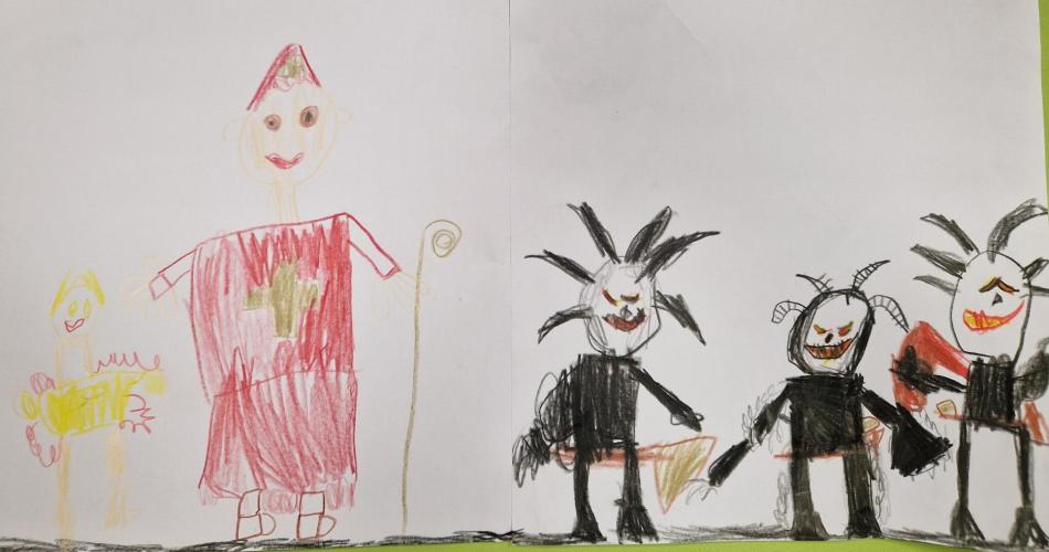 Zeichnung des Hl. Nikolaus und den Krampussen