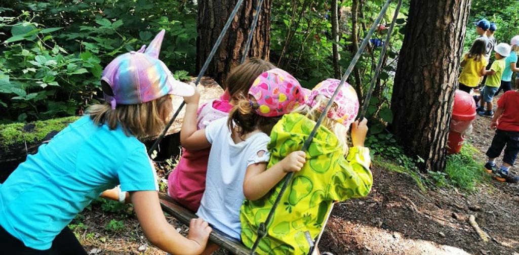Verena Drei Kinder werden auf einer gr. Waldschaukel angeschubst