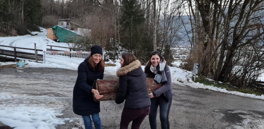 Verena Drei Pädagoginnen tragen einen Holzblock