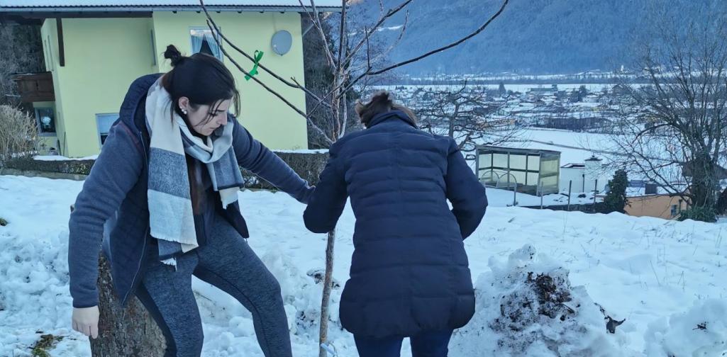 Verena Zwei Frauen fixieren einen Baum im Schnee