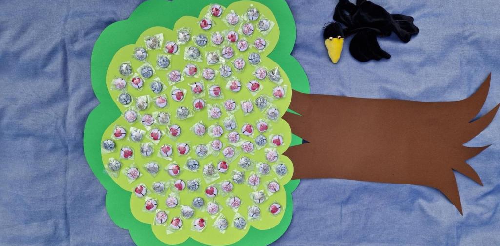 Verena Eder Auf einem blauen Tuch ist ein Baum aufgelegt. Im grünen Blätterbereich sind Baum-Magnete für jedes Kindverteilt