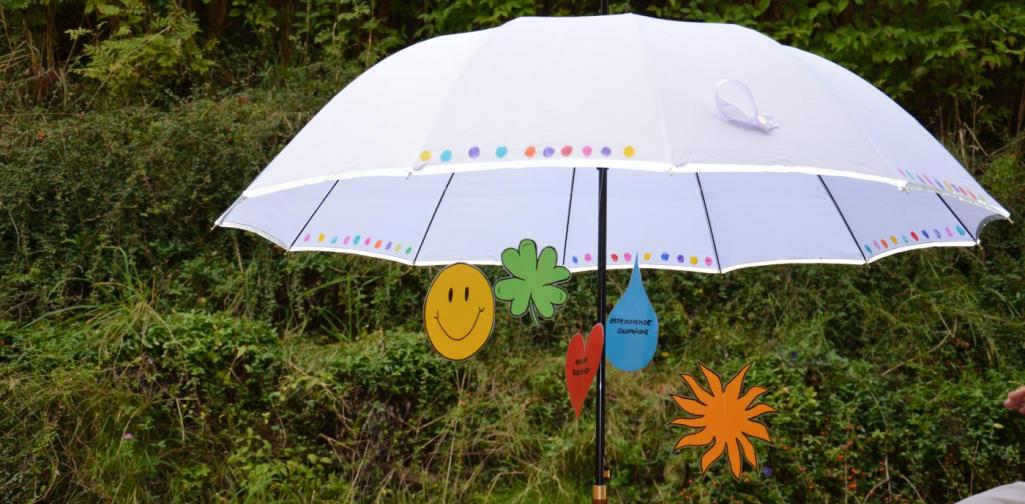 Ein geöffneter Regenschirm, an dem 5 Symbole herabhängen. Herz, Vierklee, Regentropfen, Smiley und Sonne